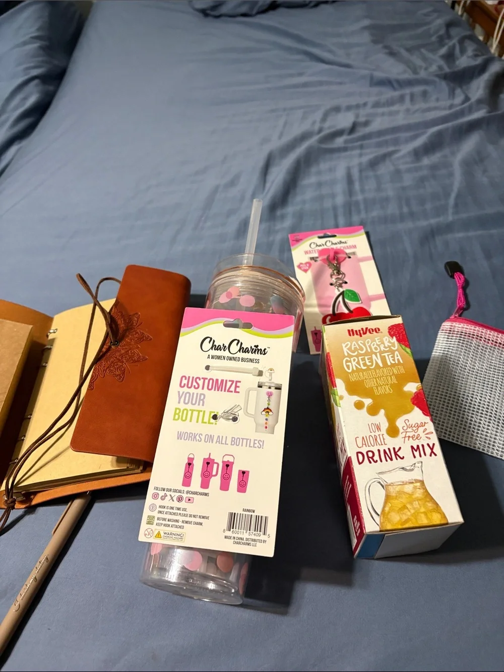 Reusable Pink Polka Dot Travel Tumbler with charms to decorate cup, journal